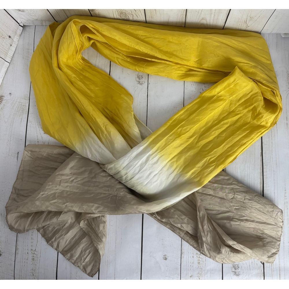 Talbots Women Yellow Tan Ombre 100%โ Silk Scarf Dip Dye Crinkle Wrap 2433